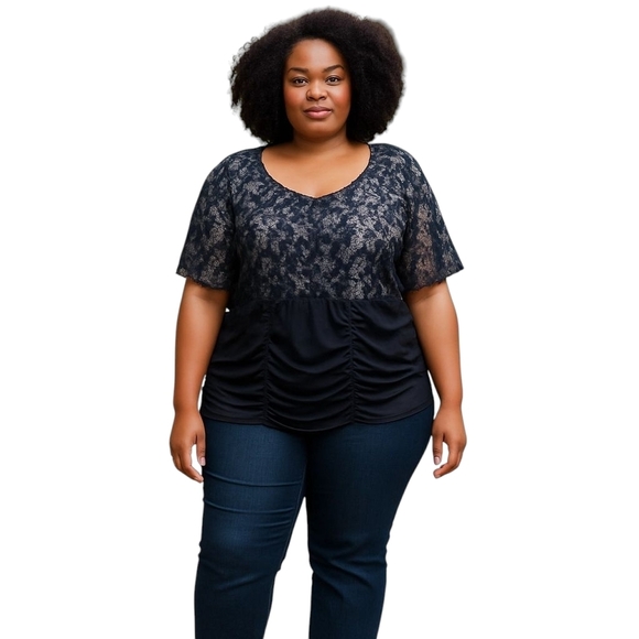 MXM Womens Plus Size 4X Blouse Black White Lace Print Puff Sleeve Ruched Front - Picture 1 of 8